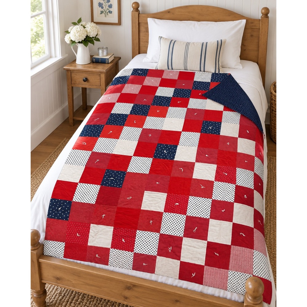 Handmade Reversible Red White Navy Patchwork Twin Quilt 52x82